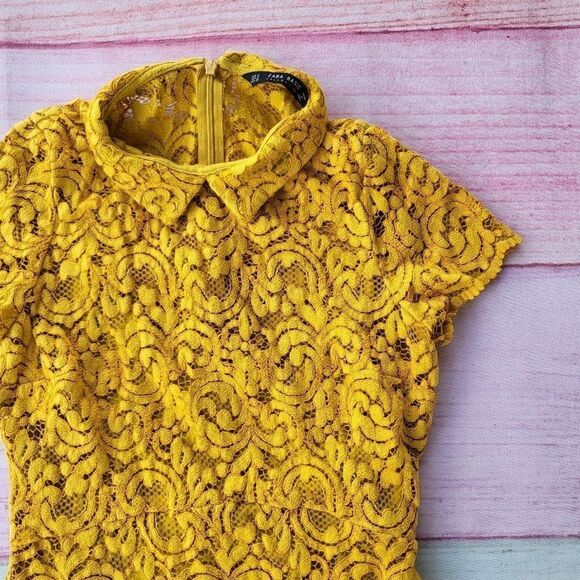 Zara Basic‎ Mustard Yellow Short Sleeve Lace Overlay A-Line Mini Dress Small - Picture 4 of 5
